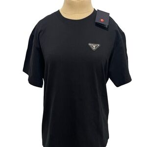 Prada Triangle Logo Black Cotton T-Shirt NEW WITH TAGS Womens LG or Mens SM